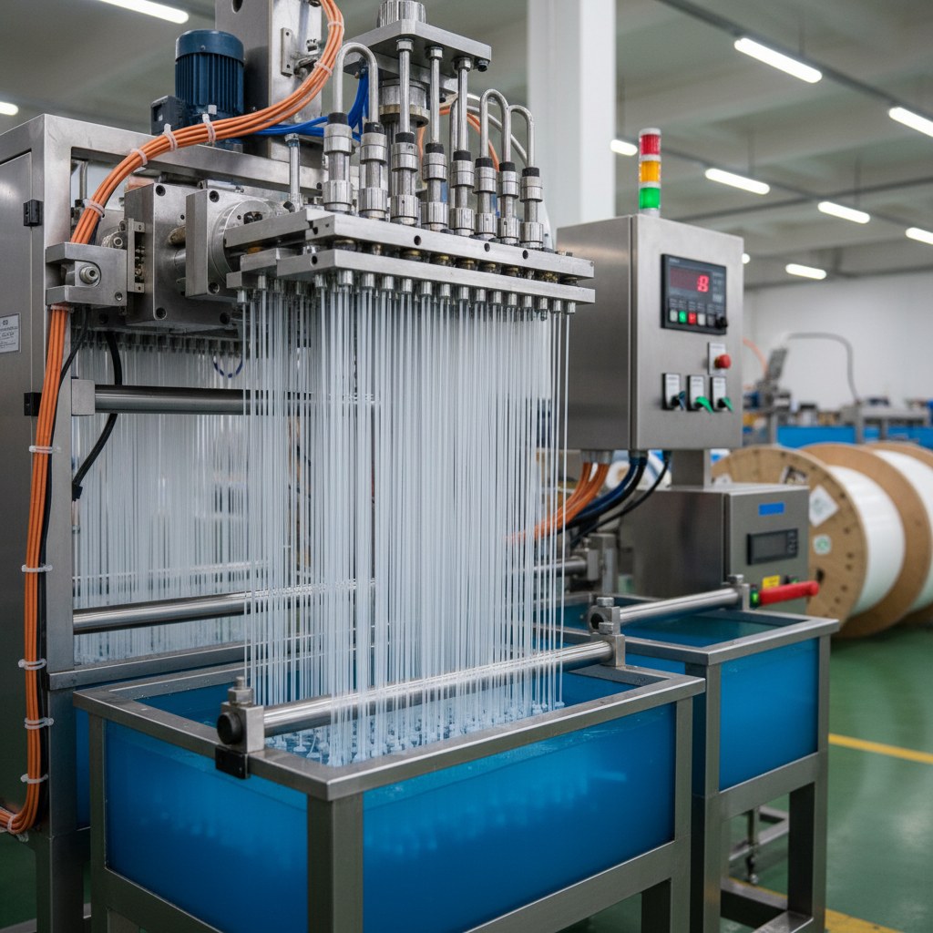 Photorealistic industrial website image for PTFE capillary tubing: small bore PTFE tube extrusion setup, no text, no logo, no watermark