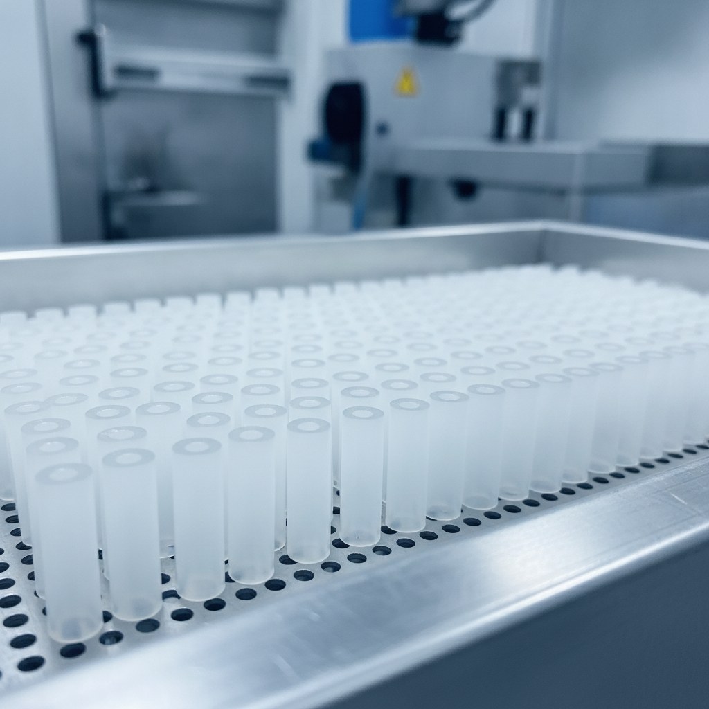 Photorealistic industrial website image for PTFE capillary tubing: cut-to-length PTFE capillary tube pieces in tray, no text, no logo, no watermark