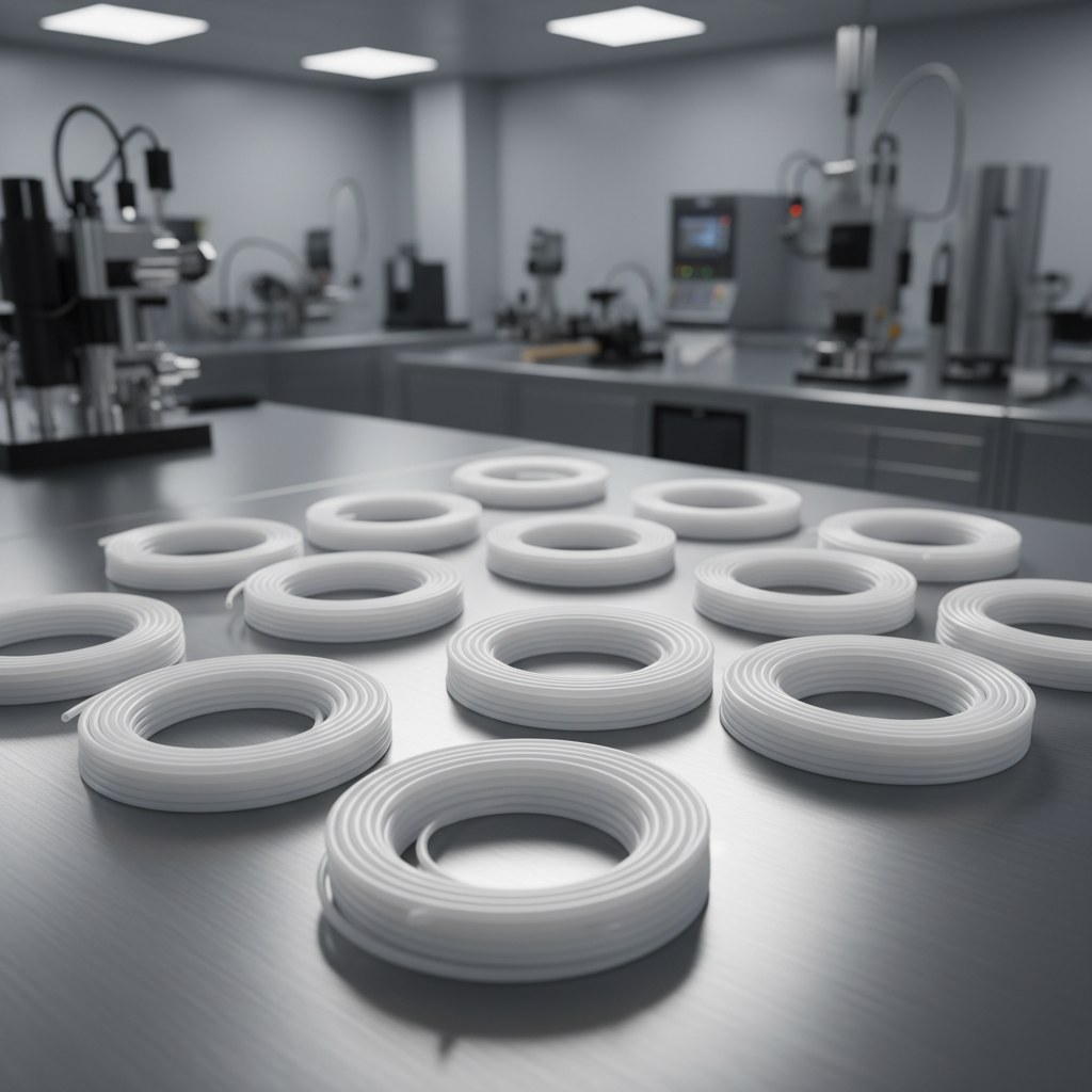 Photorealistic industrial website image for PTFE capillary tubing: standard white PTFE capillary tubing coils, no text, no logo, no watermark