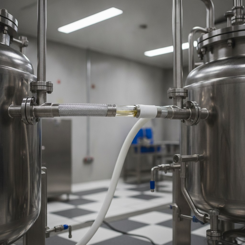 Photorealistic industrial website image for ptfe hose: chemical transfer line using PTFE hose near stainless process equipment, no text, no logo, no watermark