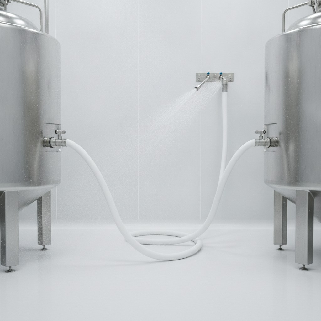 Photorealistic industrial website image for ptfe hose: clean food and pharma washdown area with white PTFE hose and sanitary fittings, no text, no logo, no watermark
