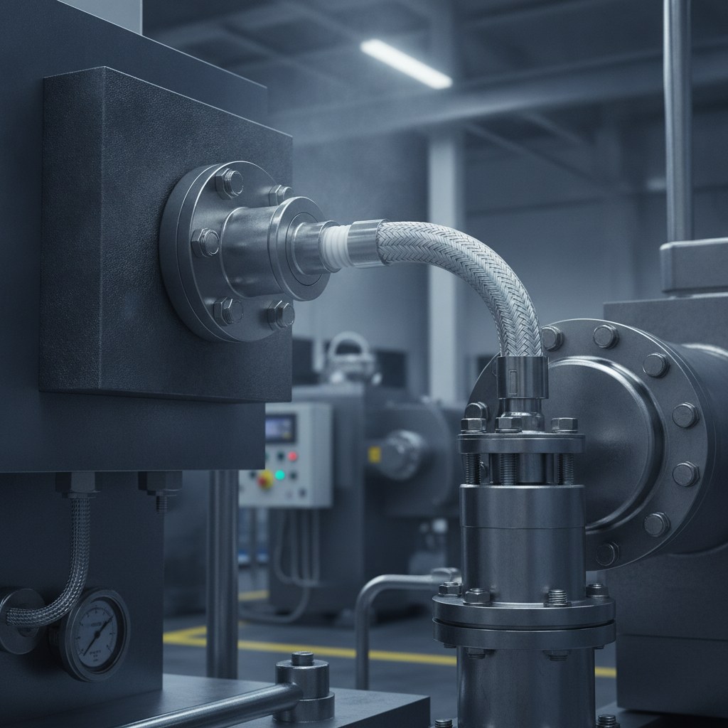 Photorealistic industrial website image for ptfe hose: high temperature industrial equipment connection with PTFE hose and metal fittings, no text, no logo, no watermark