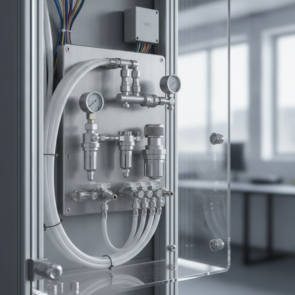Photorealistic industrial website image for ptfe hose: compact instrumentation and sampling setup using small PTFE hose lines, no text, no logo, no watermark