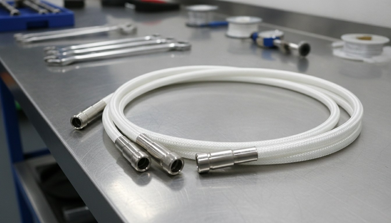 Photorealistic industrial website image for ptfe hose: white PTFE hose assemblies with clean metal fittings on a professional workbench, no text, no logo, no watermark