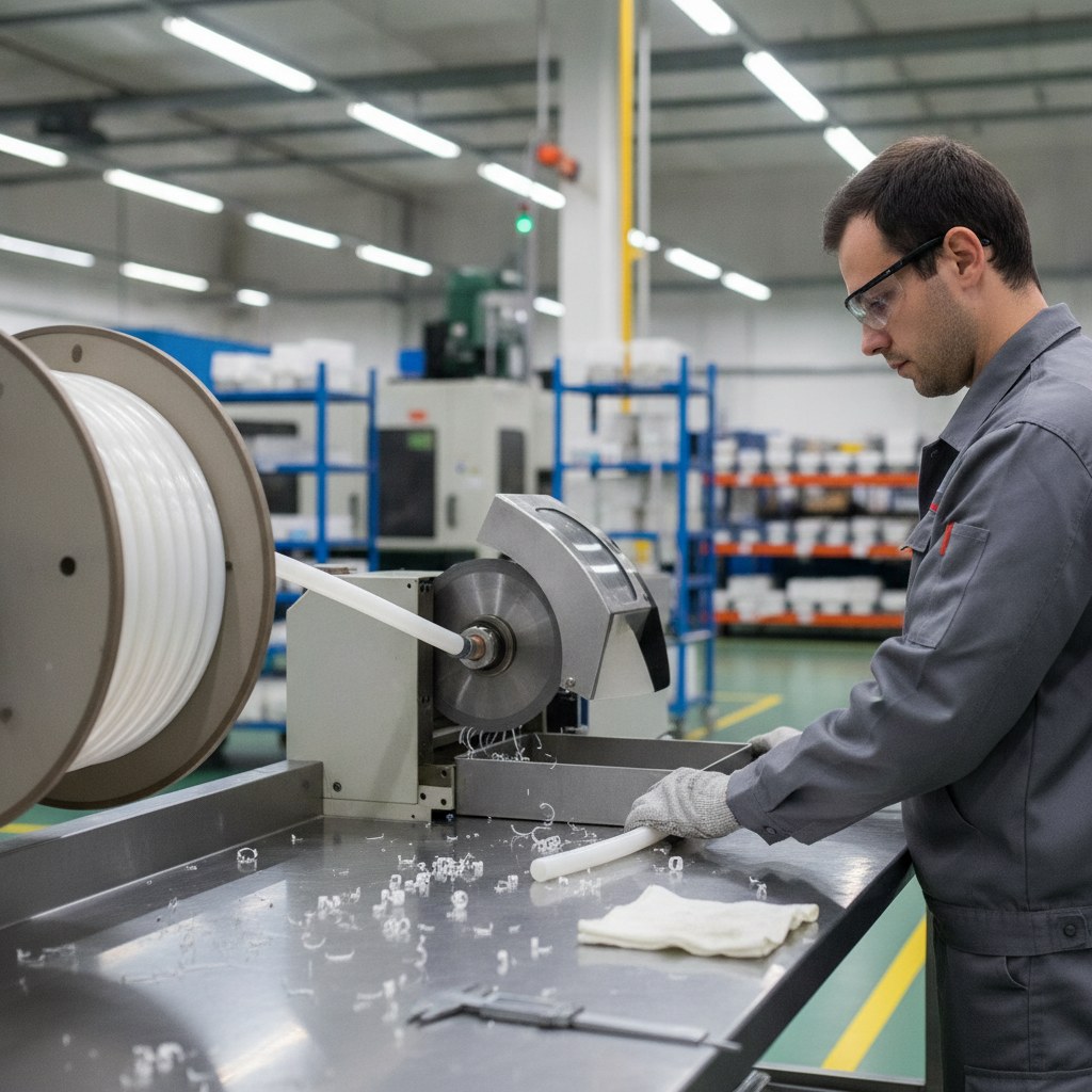 Photorealistic industrial website image for ptfe hose: PTFE hose body preparation and clean cutting process in manufacturing workshop, no text, no logo, no watermark