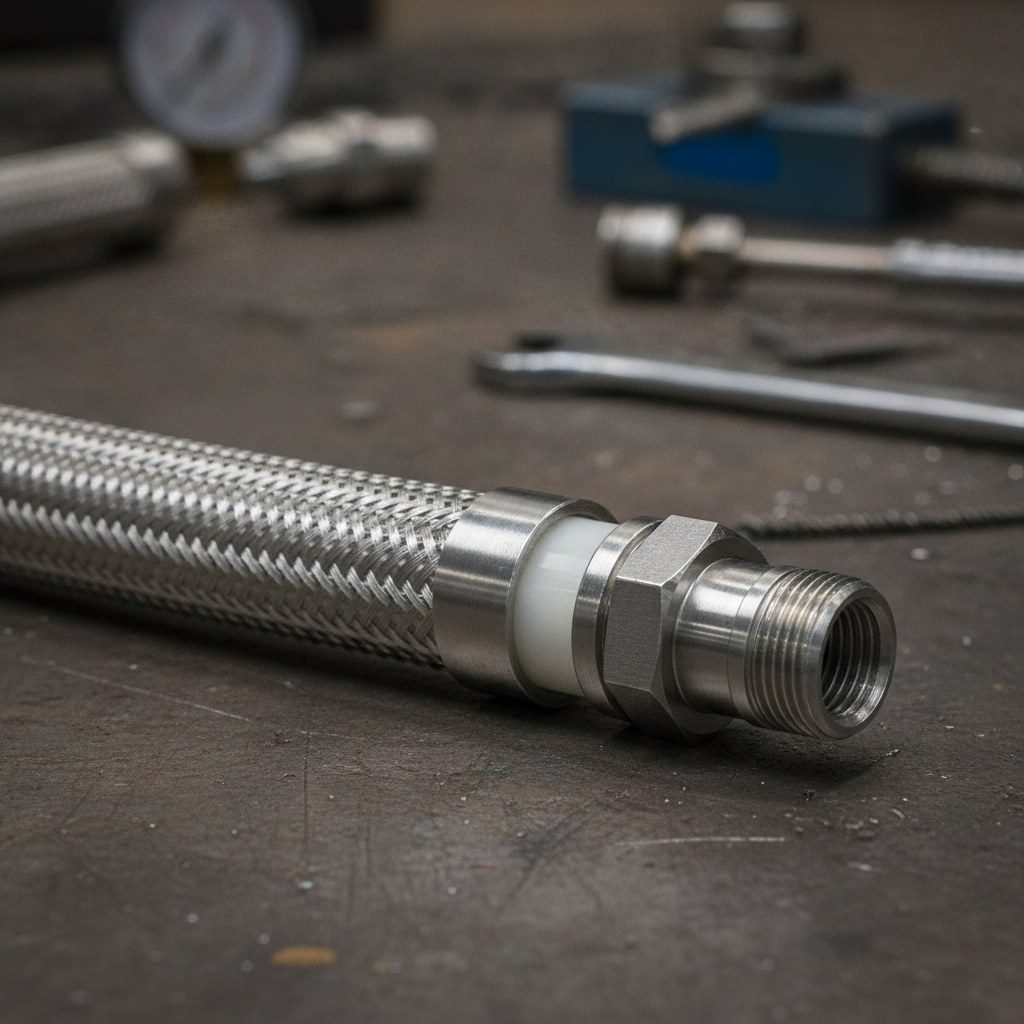 Photorealistic industrial website image for ptfe hose: stainless braiding and end fitting assembly for PTFE hose, no text, no logo, no watermark