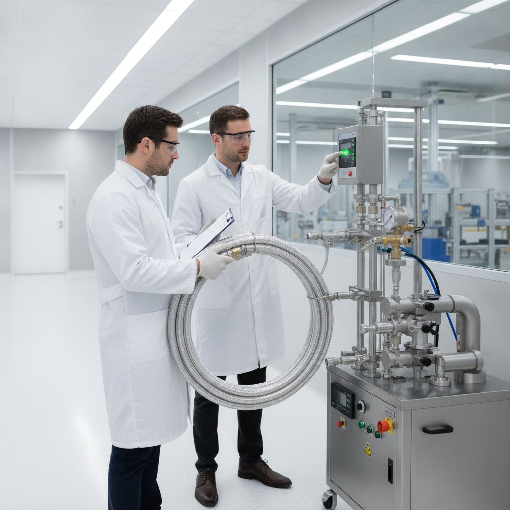 Photorealistic industrial website image for ptfe hose: pressure test and final inspection of PTFE hose assembly in clean industrial setting, no text, no logo, no watermark