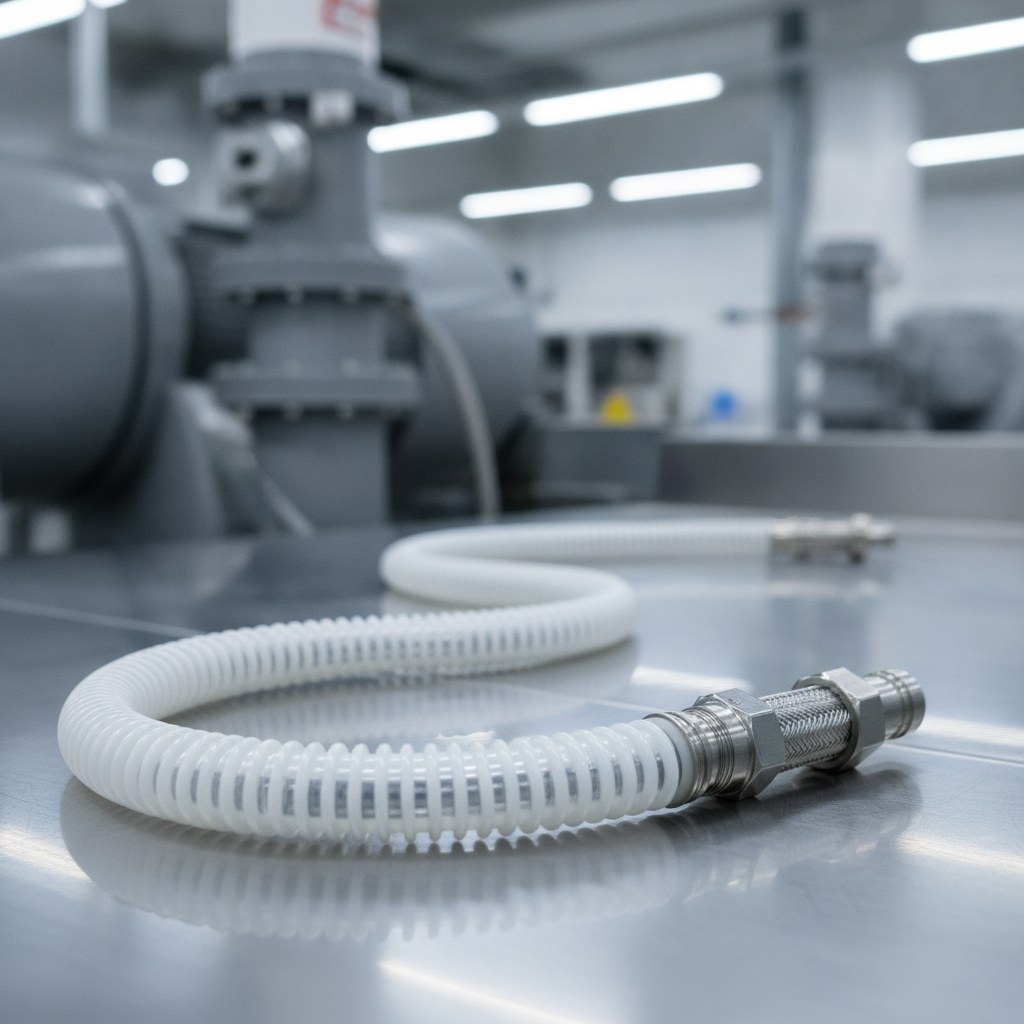 Photorealistic industrial website image for ptfe hose: flexible convoluted PTFE hose with visible corrugation and clean industrial lighting, no text, no logo, no watermark