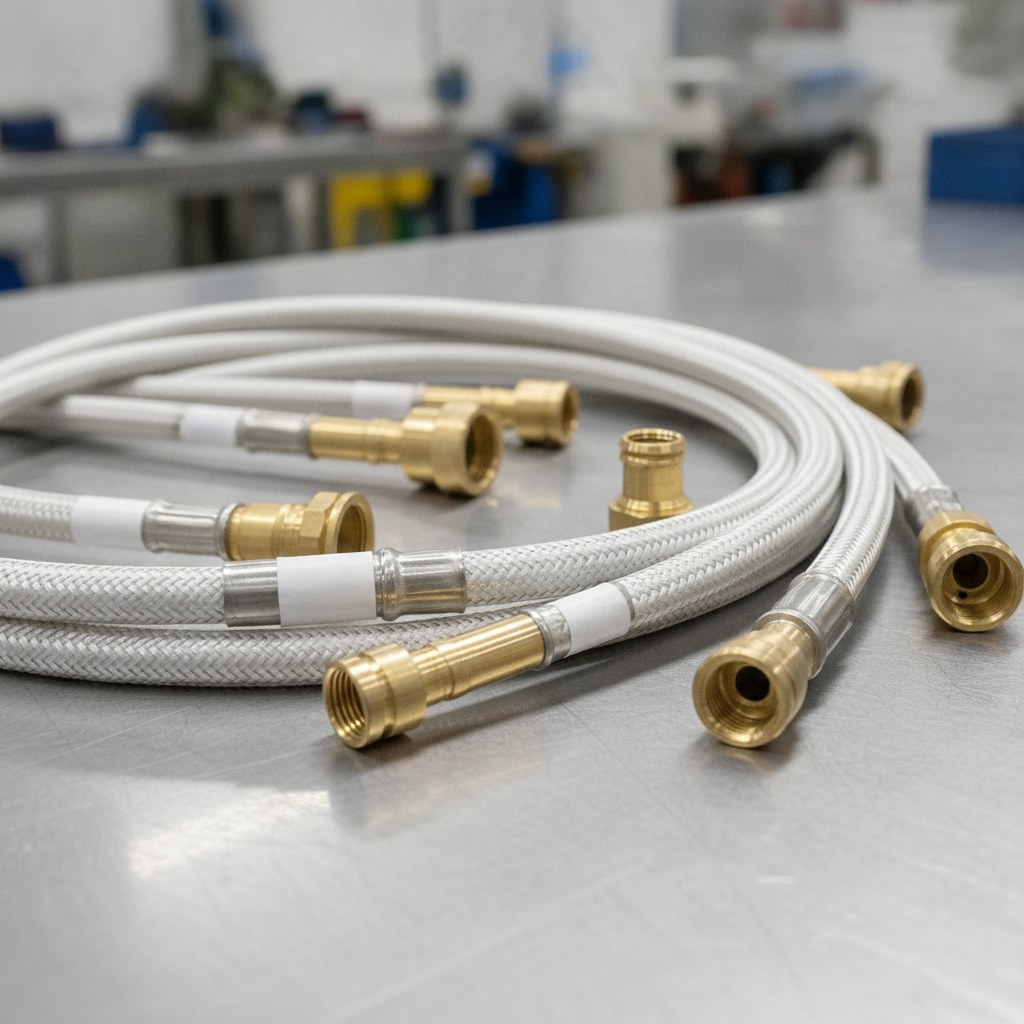 Photorealistic industrial website image for ptfe hose: custom PTFE hose assemblies arranged with varied fittings and clean labels removed, no text, no logo, no watermark