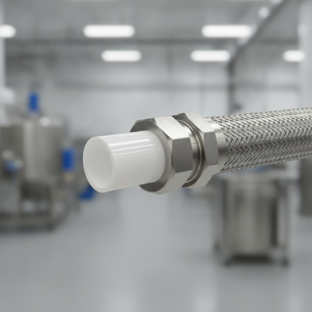 Photorealistic industrial website image for ptfe hose: smooth bore PTFE hose section with clean white liner and metal fitting, no text, no logo, no watermark