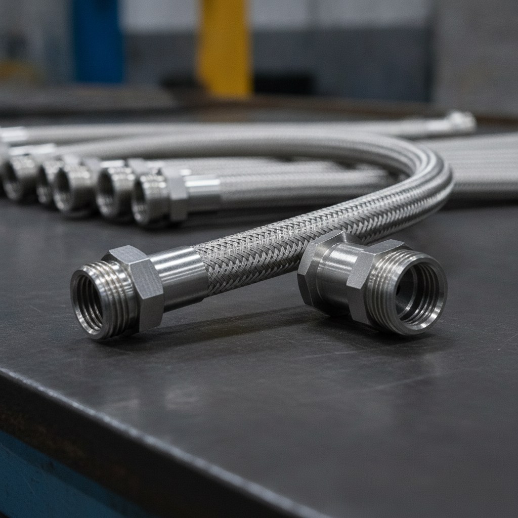 Photorealistic industrial website image for ptfe hose: stainless braided PTFE hose assembly with metal braid and machined fittings, no text, no logo, no watermark