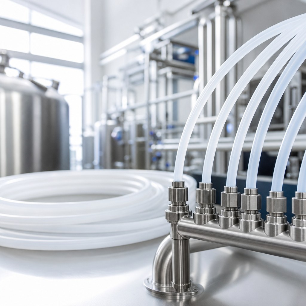 Photorealistic industrial website image for ptfe tubing: Environment, clean product or application scene, no text, no logo, no watermark