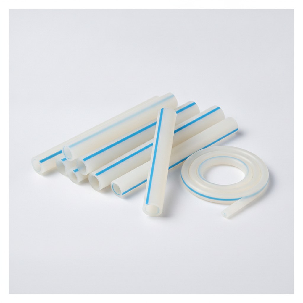 Natural PTFE tubing with continuous blue longitudinal identification stripes