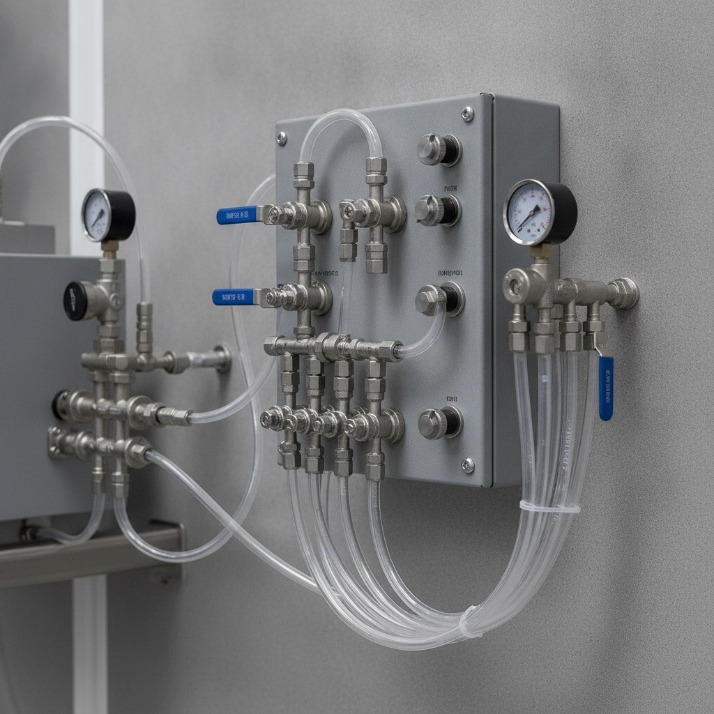 Photorealistic industrial website image for sampling fep tubing: FEP tubing connected inside a chemical sampling panel with valves and fittings, no text, no logo, no watermark