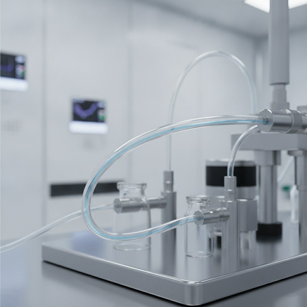 Photorealistic industrial website image for sampling fep tubing: transparent FEP tube routing liquid sample transfer in a clean laboratory instrument area, no text, no logo, no watermark