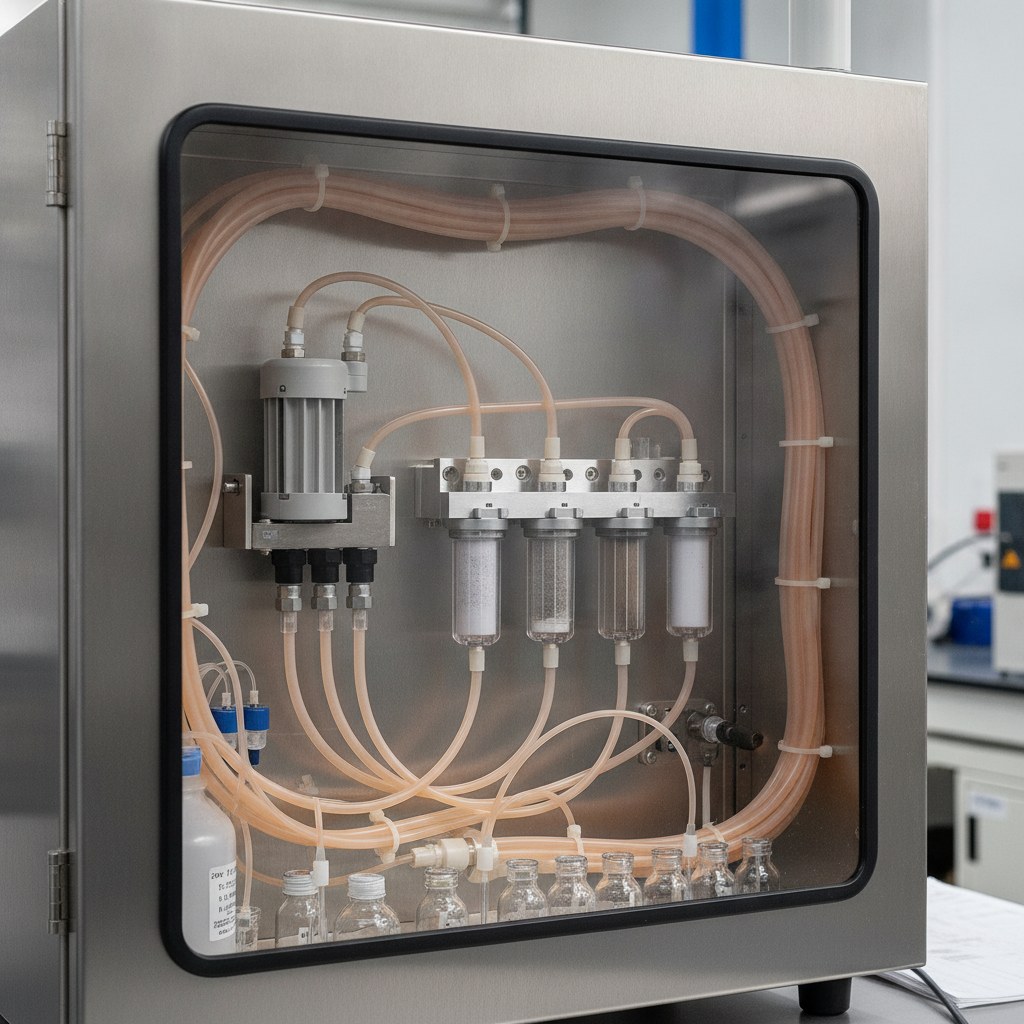 Photorealistic industrial website image for sampling fep tubing: FEP sampling tubing routed in an environmental monitoring station cabinet, no text, no logo, no watermark