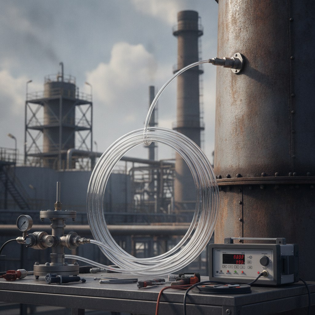 Photorealistic industrial website image for sampling fep tubing: FEP sampling line connected to stack gas sampling equipment in an industrial setting, no text, no logo, no watermark