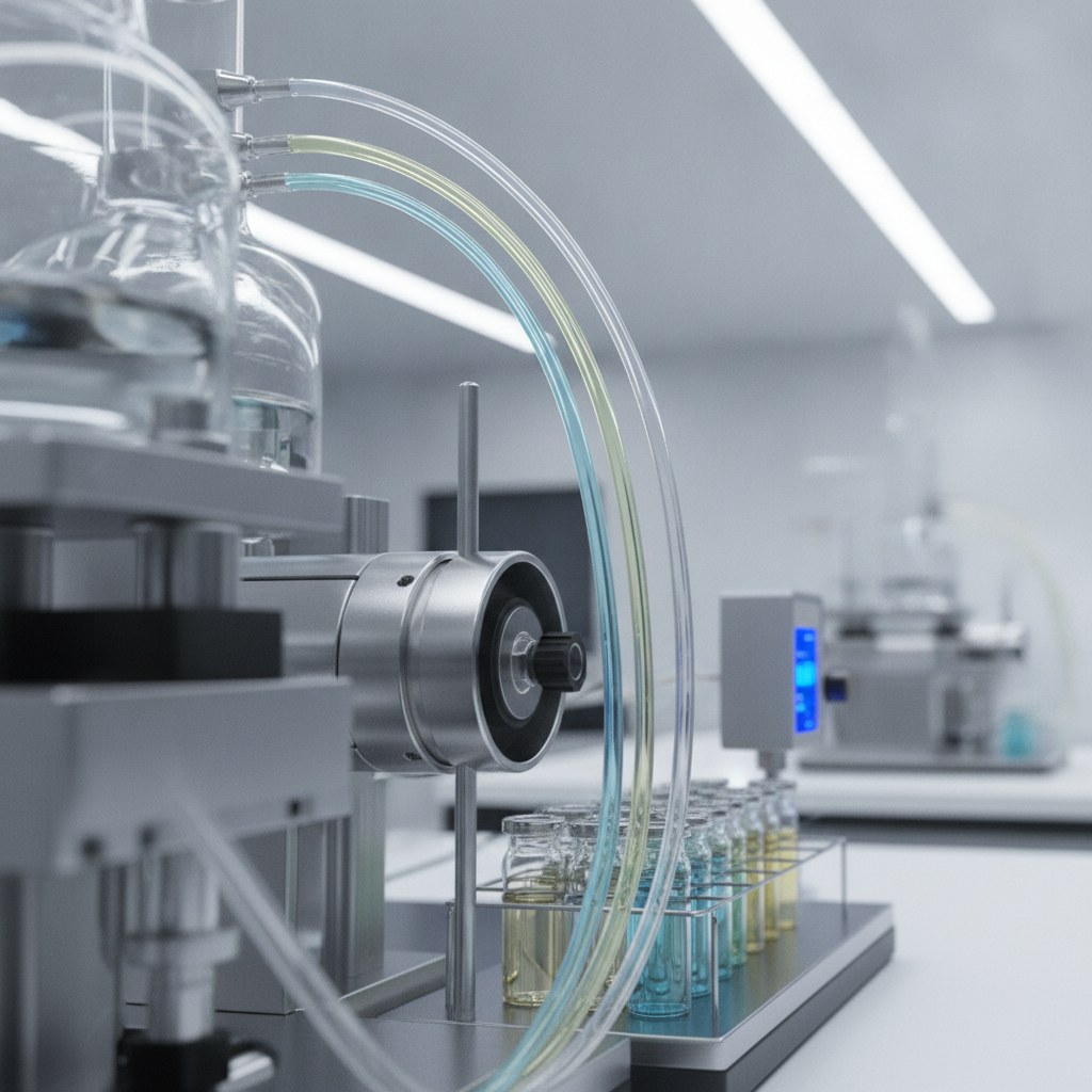 Photorealistic industrial website image for sampling fep tubing: transparent FEP sampling tubes routed beside clean analytical sampling equipment, no text, no logo, no watermark