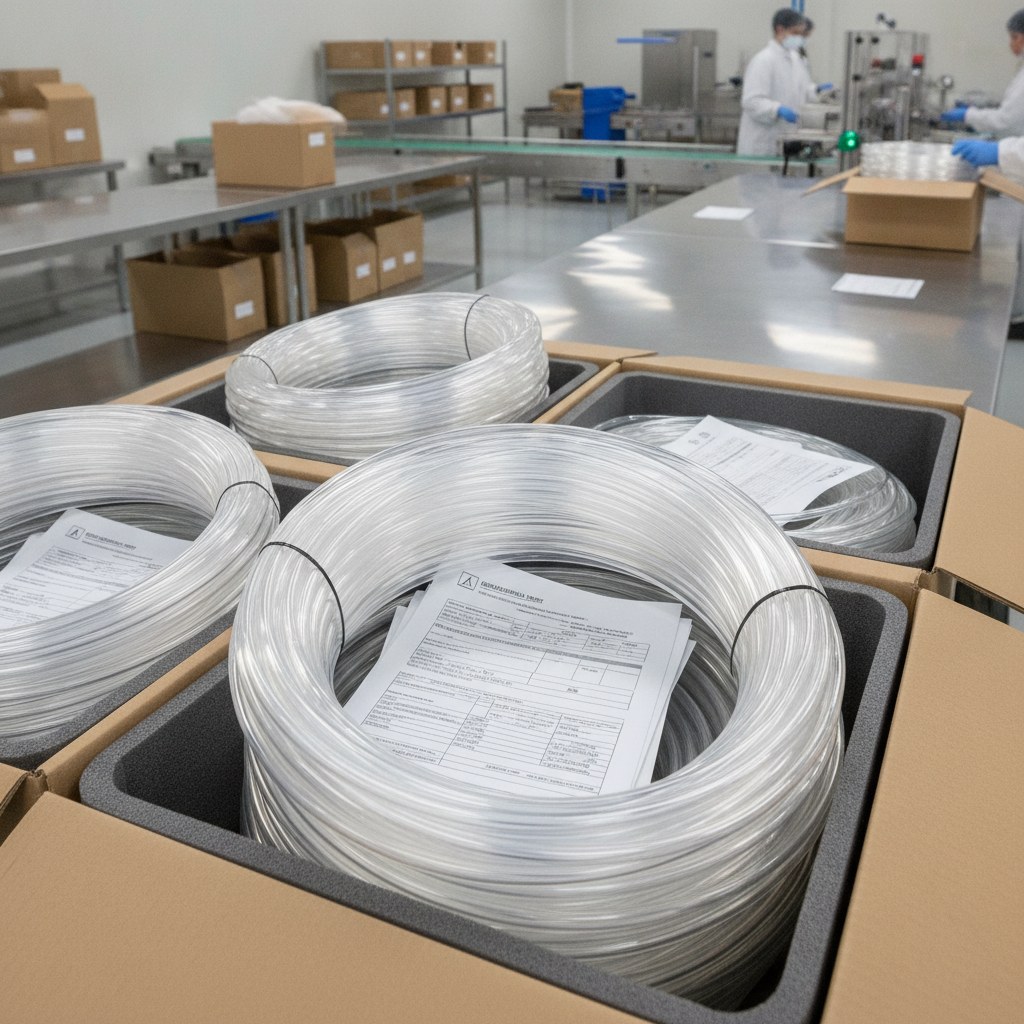 Photorealistic industrial website image for sampling fep tubing: clean FEP tubing coils being packed with batch documentation in an industrial packing area, no text, no logo, no watermark