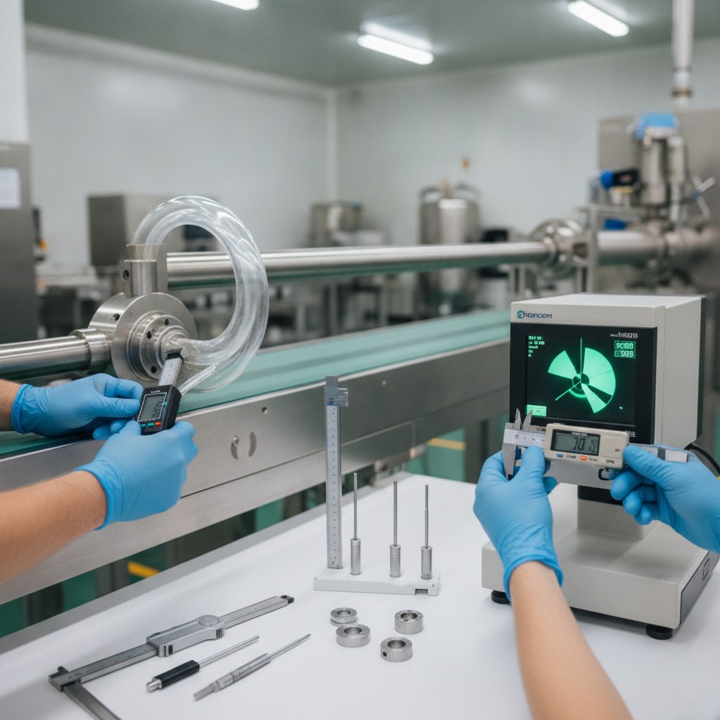 Photorealistic industrial website image for sampling fep tubing: FEP tubing extrusion and dimensional inspection with clean industrial measuring tools, no text, no logo, no watermark