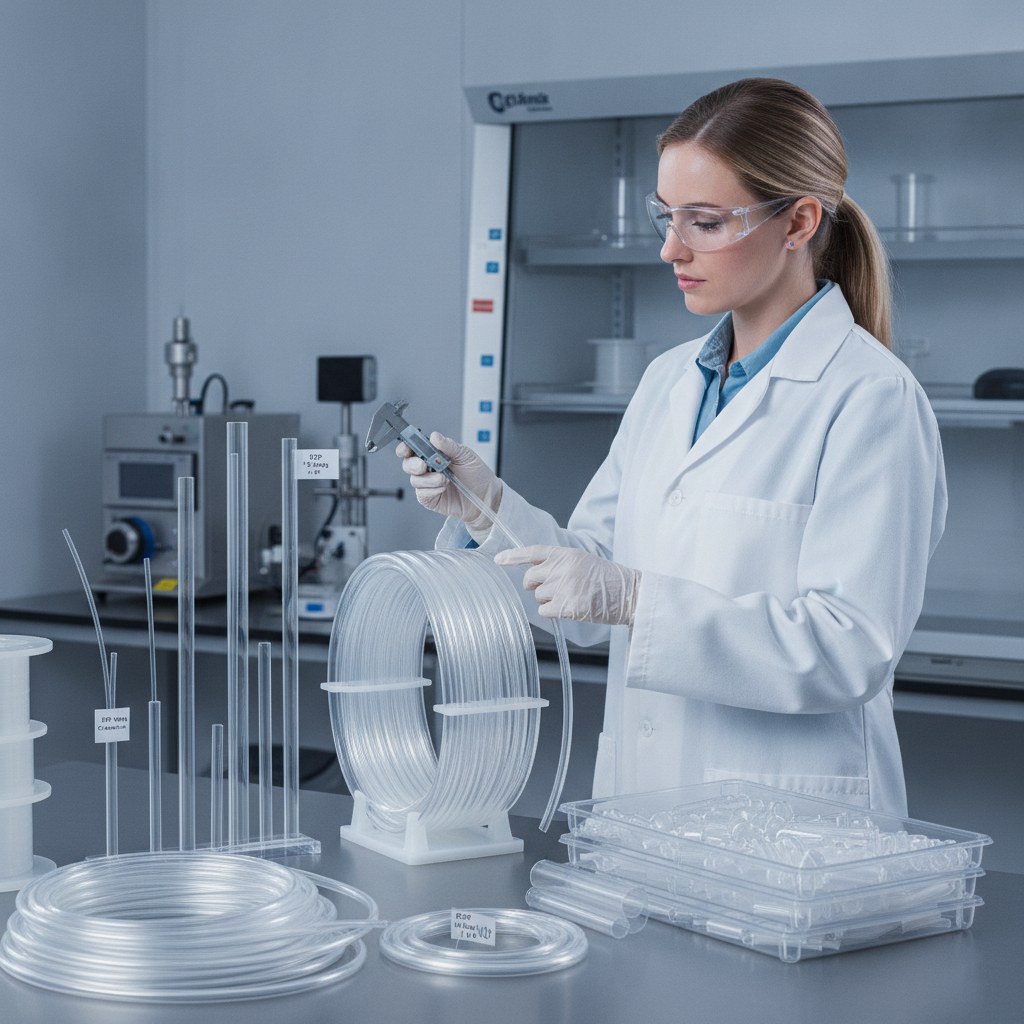 Photorealistic industrial website image for sampling fep tubing: engineer confirming FEP tube size and material beside clean tubing samples, no text, no logo, no watermark