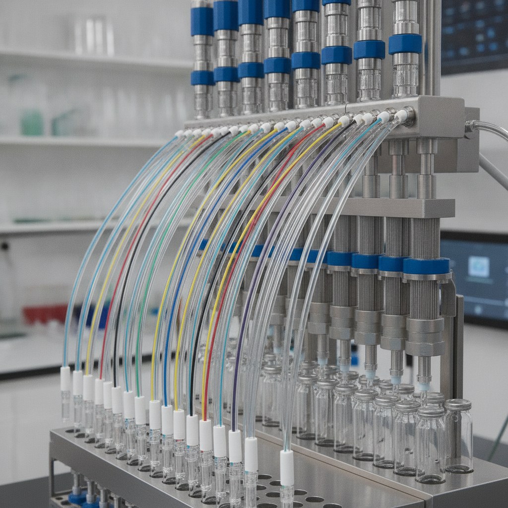 Photorealistic industrial website image for sampling fep tubing: color coded FEP sampling lines arranged for multi-channel sample routing, no text, no logo, no watermark