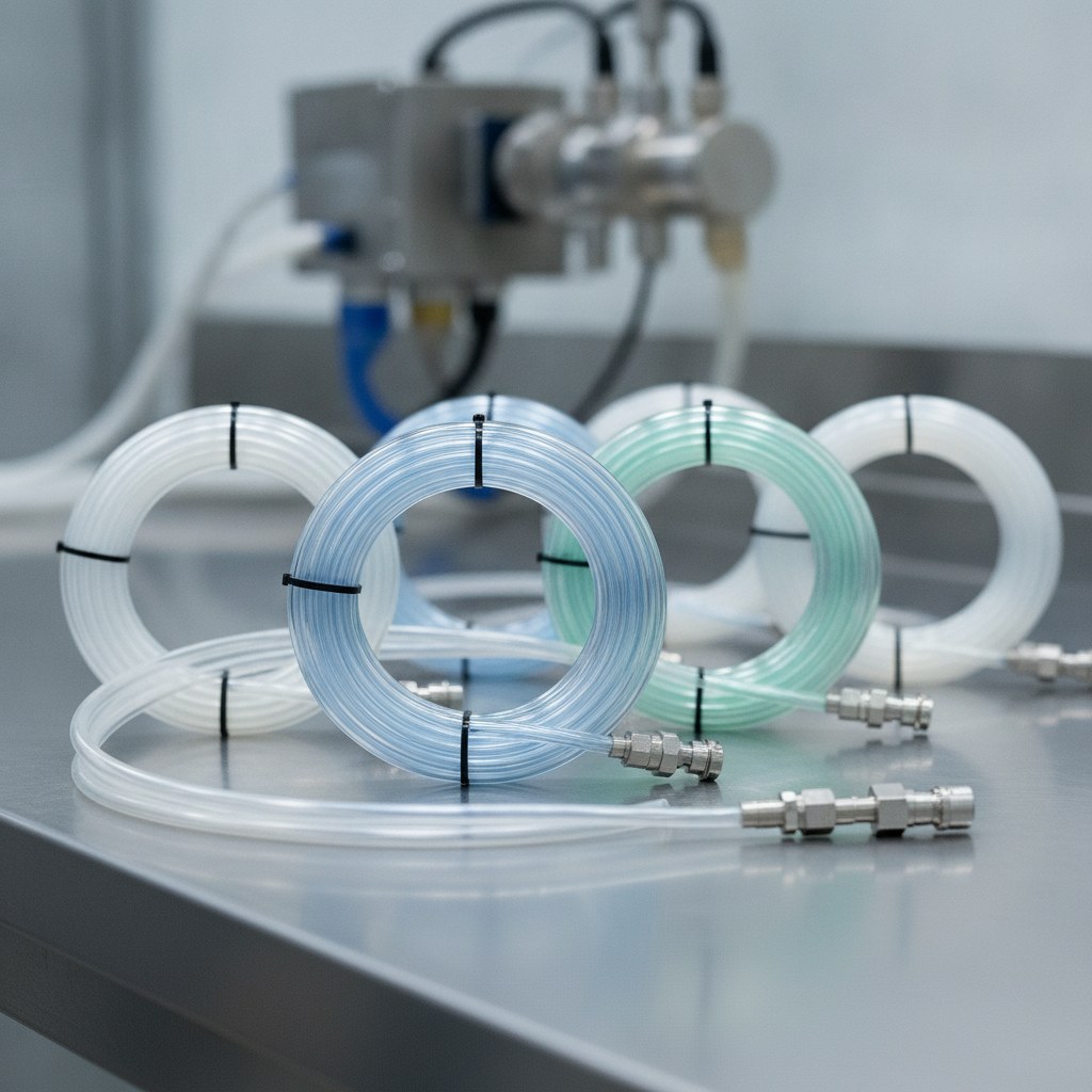Photorealistic industrial website image for sampling fep tubing: custom FEP tube sets coiled and prepared for industrial equipment assembly, no text, no logo, no watermark
