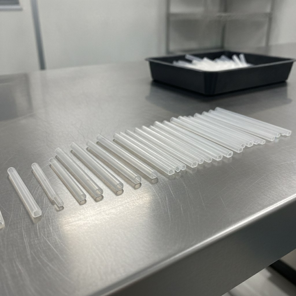 Photorealistic industrial website image for sampling fep tubing: cut to length FEP tube segments with clean square ends for assembly, no text, no logo, no watermark