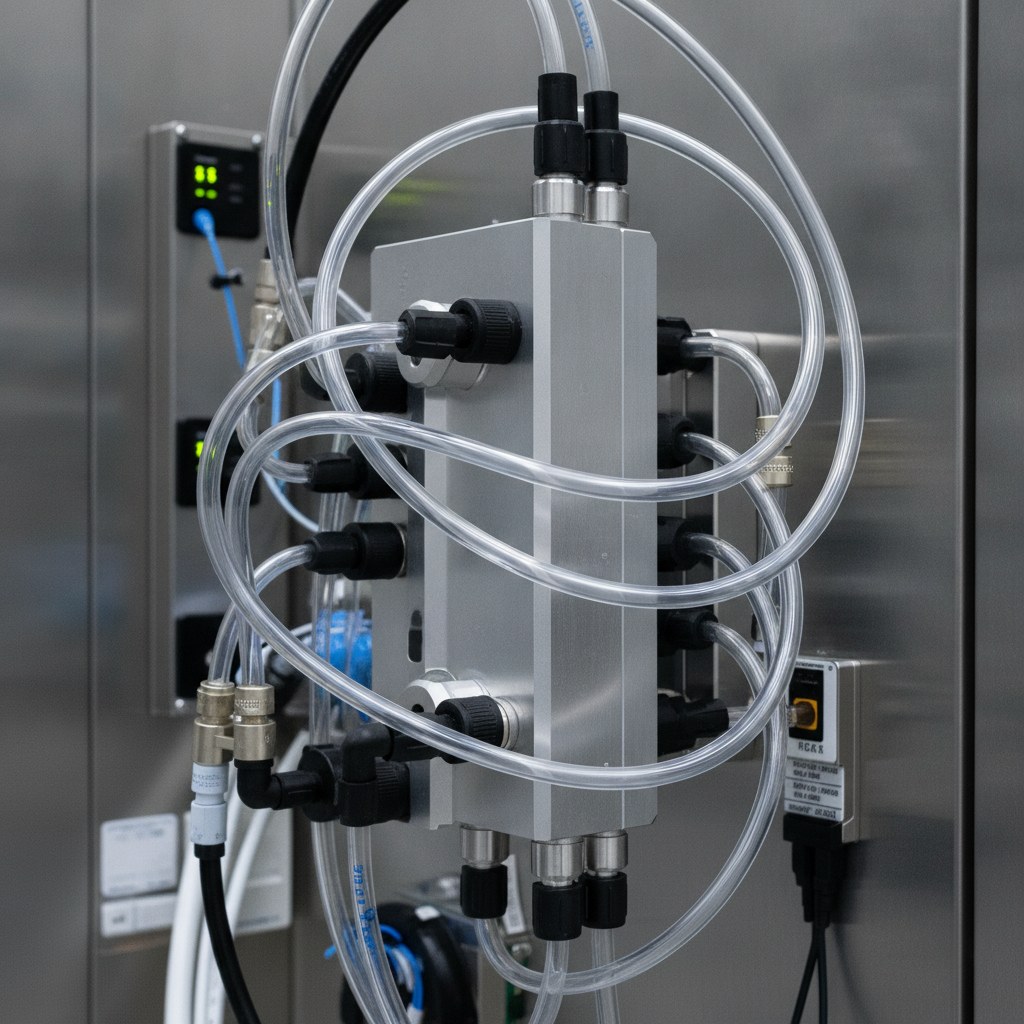 Photorealistic industrial website image for semiconductor pfa tubing: transparent PFA tubing arranged in an OEM semiconductor tool fluid assembly, no labels, no text, no logo, no watermark