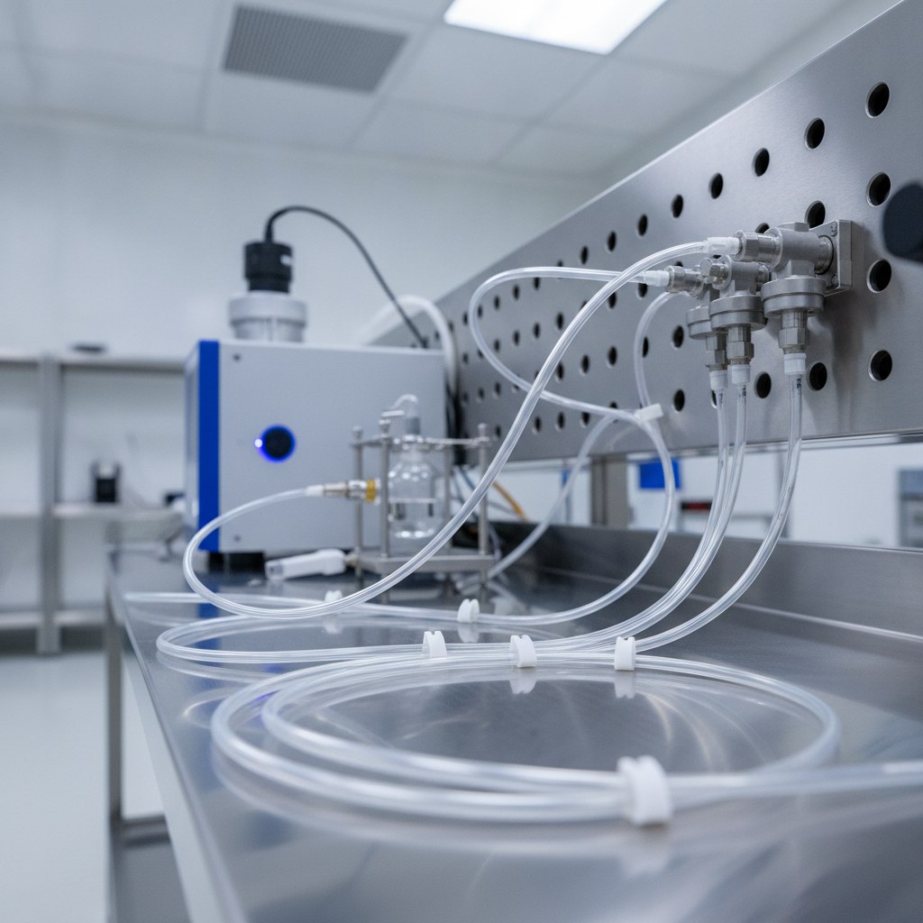 Photorealistic industrial website image for semiconductor pfa tubing: clear PFA tubing used in clean analytical sampling lines on a laboratory process bench, no labels, no text, no logo, no watermark
