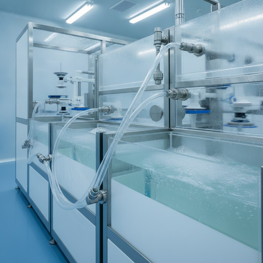 PFA tubing routed through semiconductor wet-process equipment
