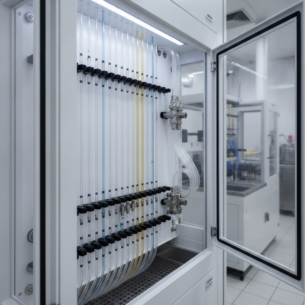 Photorealistic industrial website image for semiconductor pfa tubing: transparent PFA tubing routed inside a semiconductor wet process chemical delivery cabinet, no text, no logo, no watermark