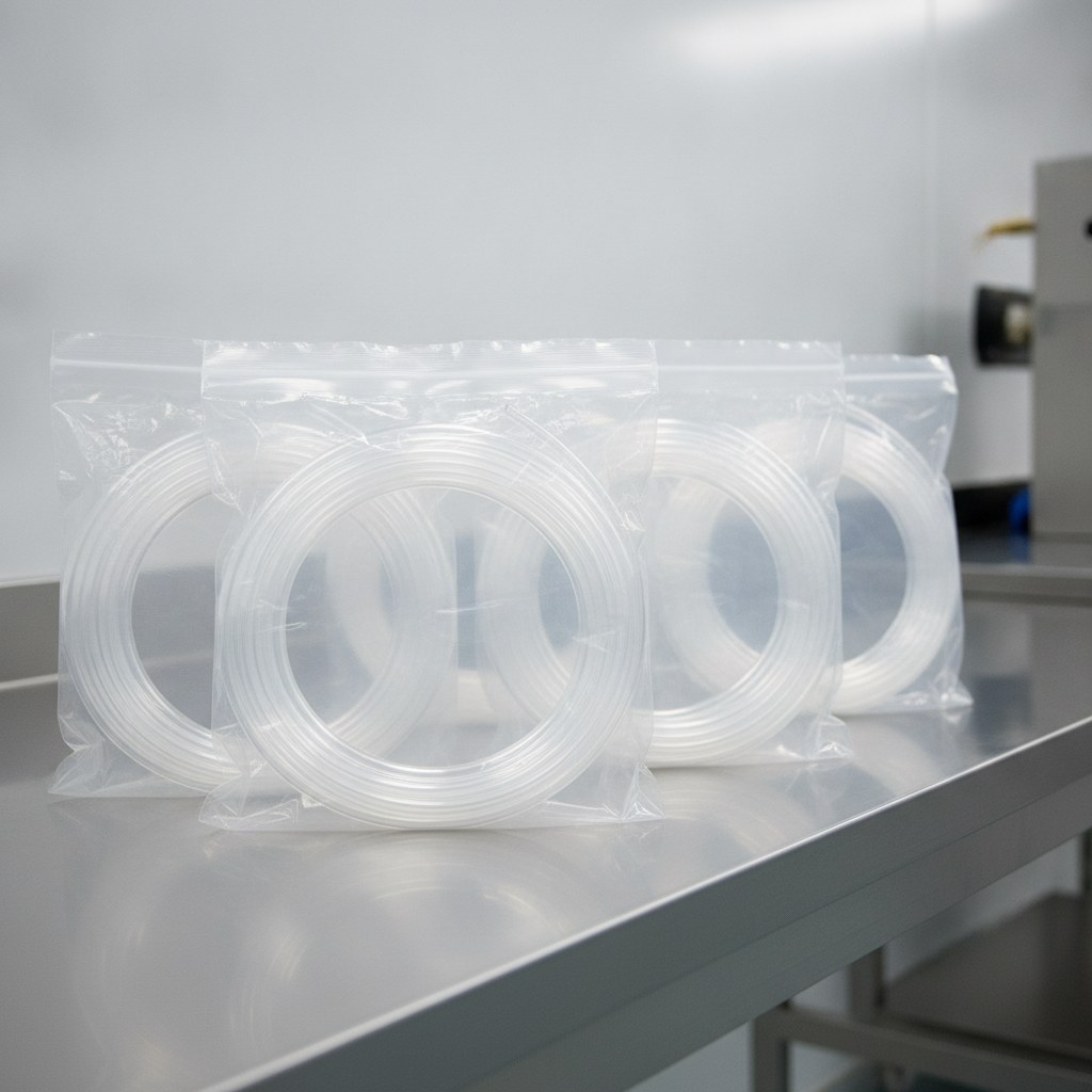Photorealistic industrial website image for semiconductor pfa tubing: clean packed transparent PFA tubing coils in plain unmarked bags on a clean packing bench, no labels, no paper, no text, no logo, no watermark