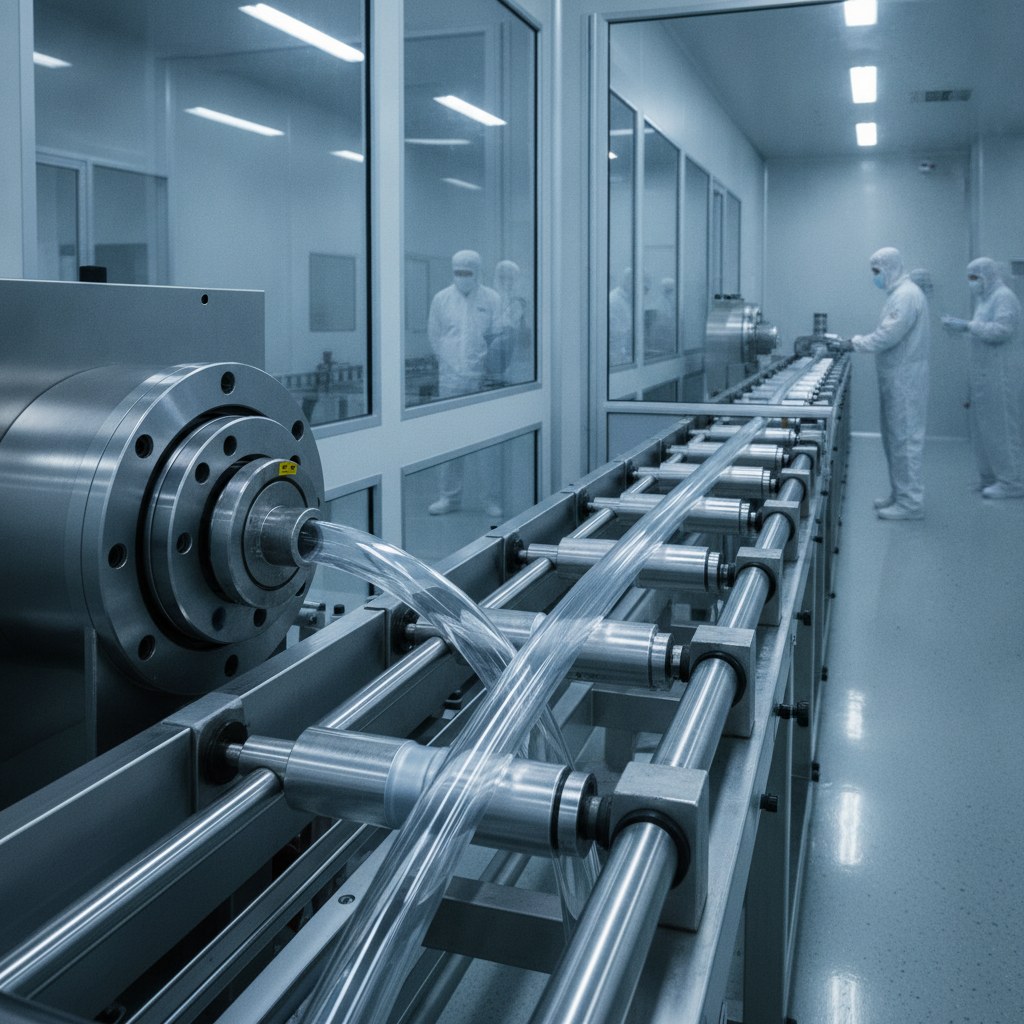 Photorealistic industrial website image for semiconductor pfa tubing: controlled extrusion of transparent PFA tubing in a clean manufacturing line, no labels, no text, no logo, no watermark