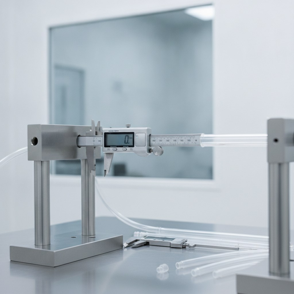 Photorealistic industrial website image for semiconductor pfa tubing: dimensional inspection of clear PFA tubing with clean measuring equipment and no readable markings, no text, no logo, no watermark