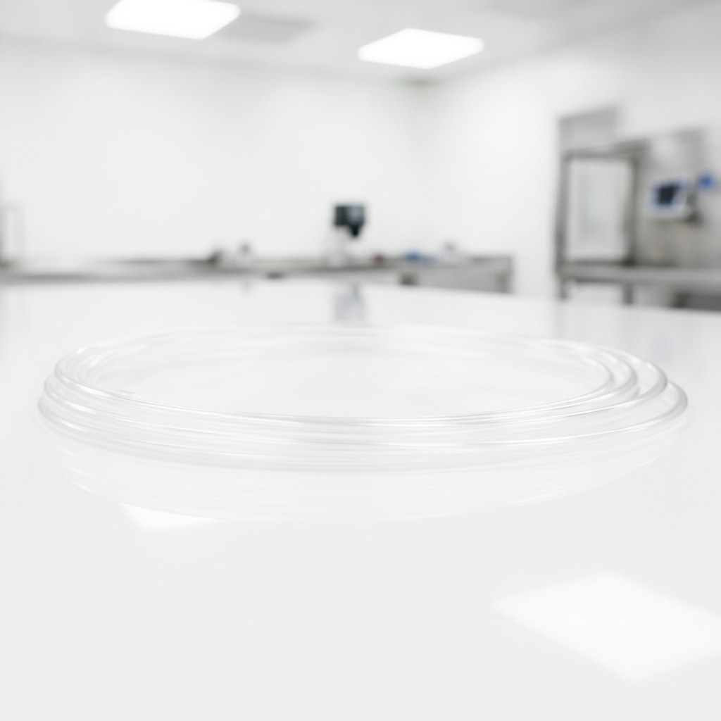 Photorealistic industrial website image for semiconductor pfa tubing: smooth bore transparent PFA tubing coils on a clean inspection bench, no labels, no text, no logo, no watermark
