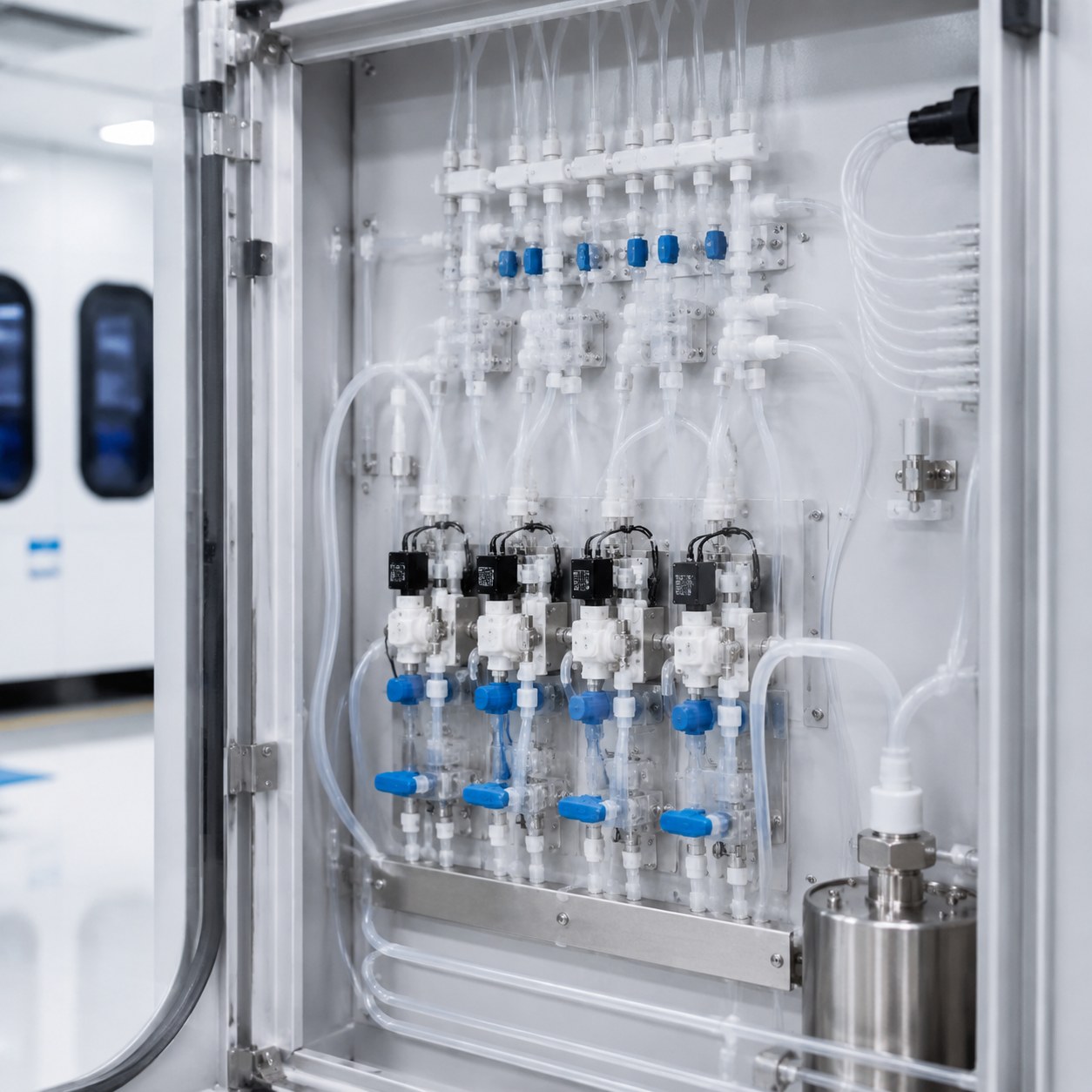 Photorealistic industrial website image for semiconductor tubing: chemical delivery cabinet with high purity tubing, no text, no logo, no watermark