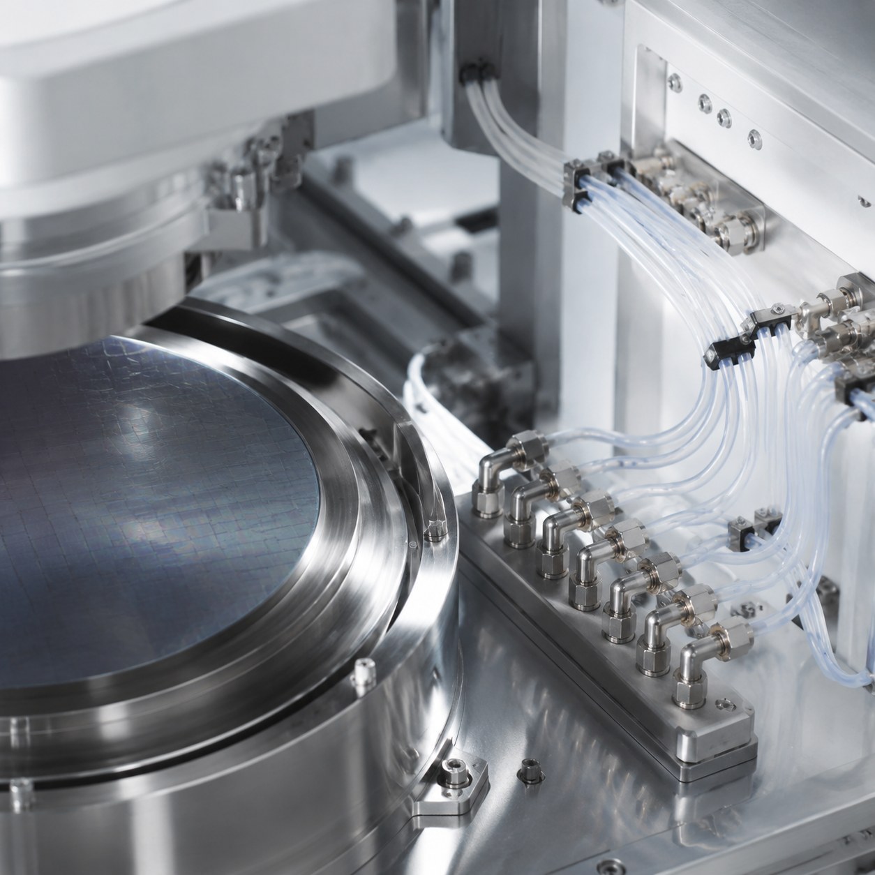 Photorealistic industrial website image for semiconductor tubing: wafer tool connections with compact clean tubing routing, no text, no logo, no watermark