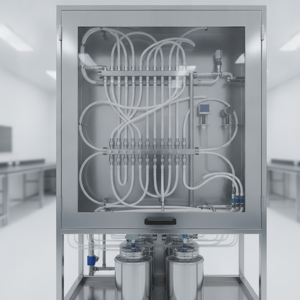 Photorealistic industrial website image for semiconductor tubing: semiconductor chemical delivery cabinet with high purity fluoropolymer tubing, no text, no logo, no watermark