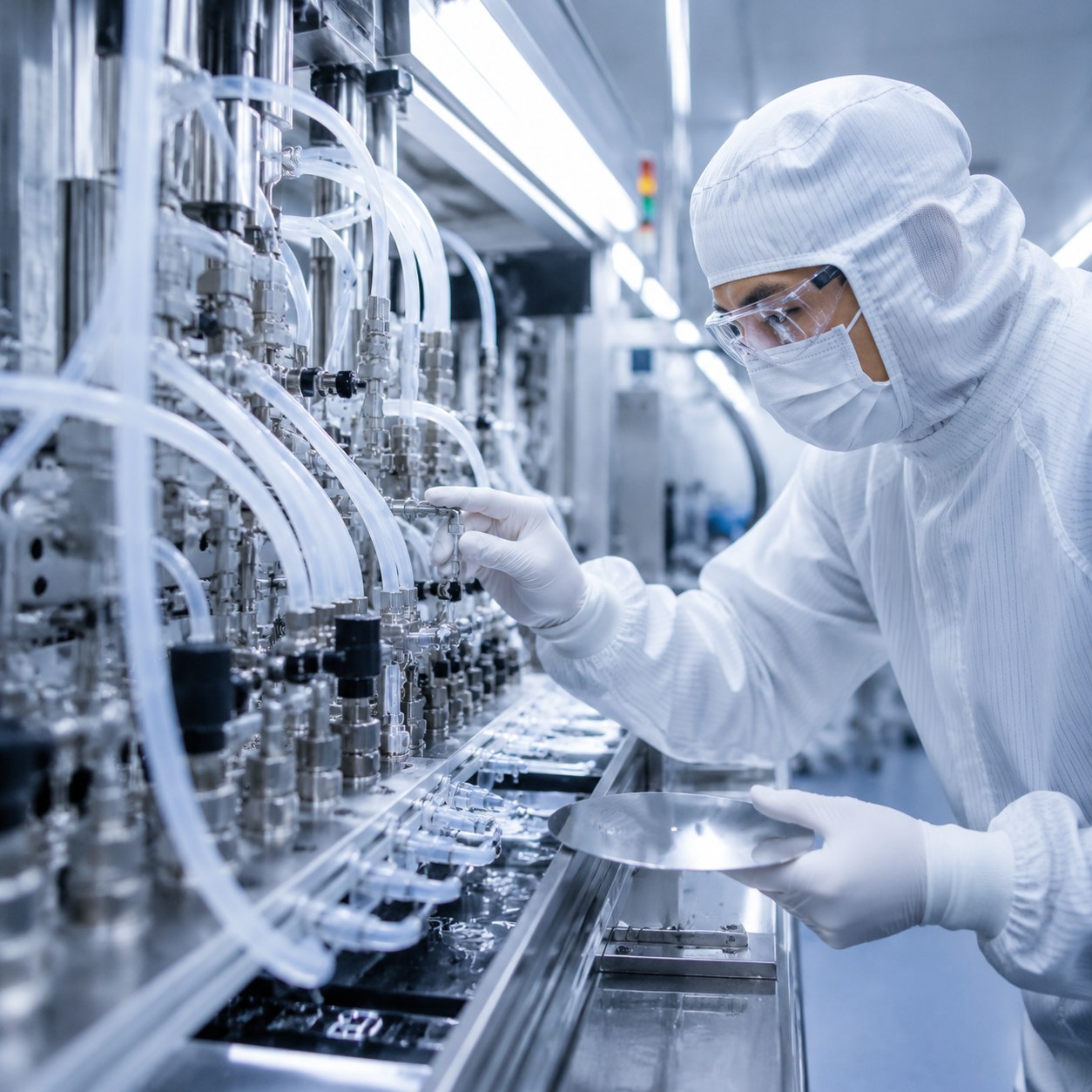 Photorealistic industrial website image for semiconductor tubing: application review for high purity semiconductor tubing, no text, no logo, no watermark