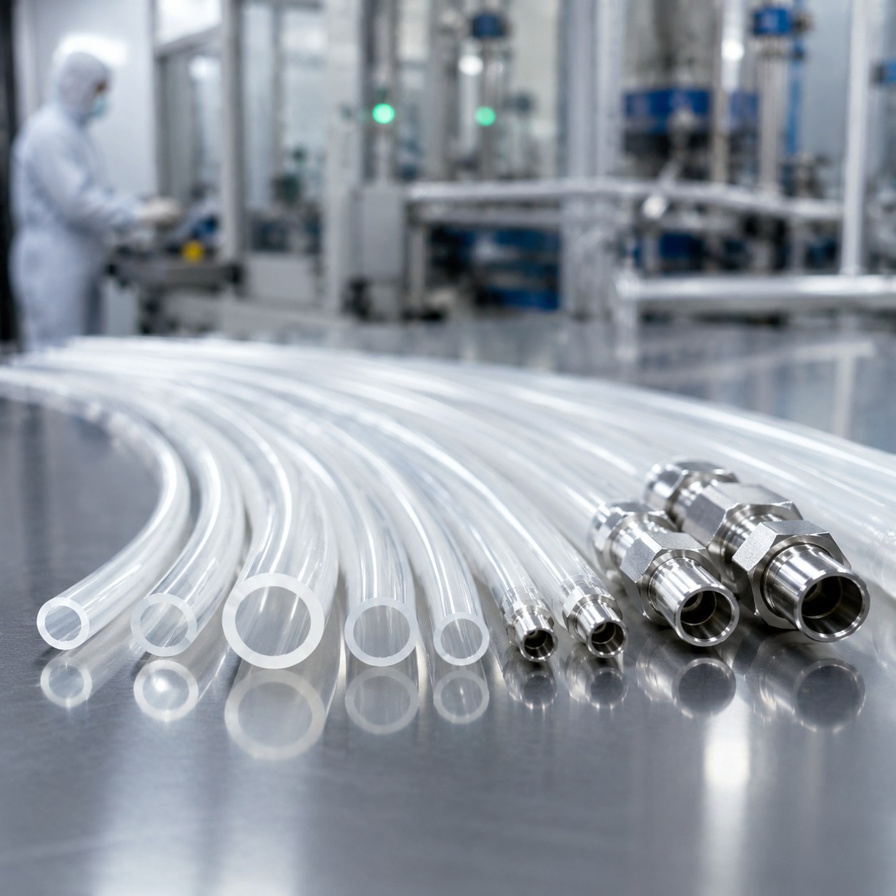 Photorealistic industrial website image for semiconductor tubing: material and size matching for high purity tubing, no text, no logo, no watermark