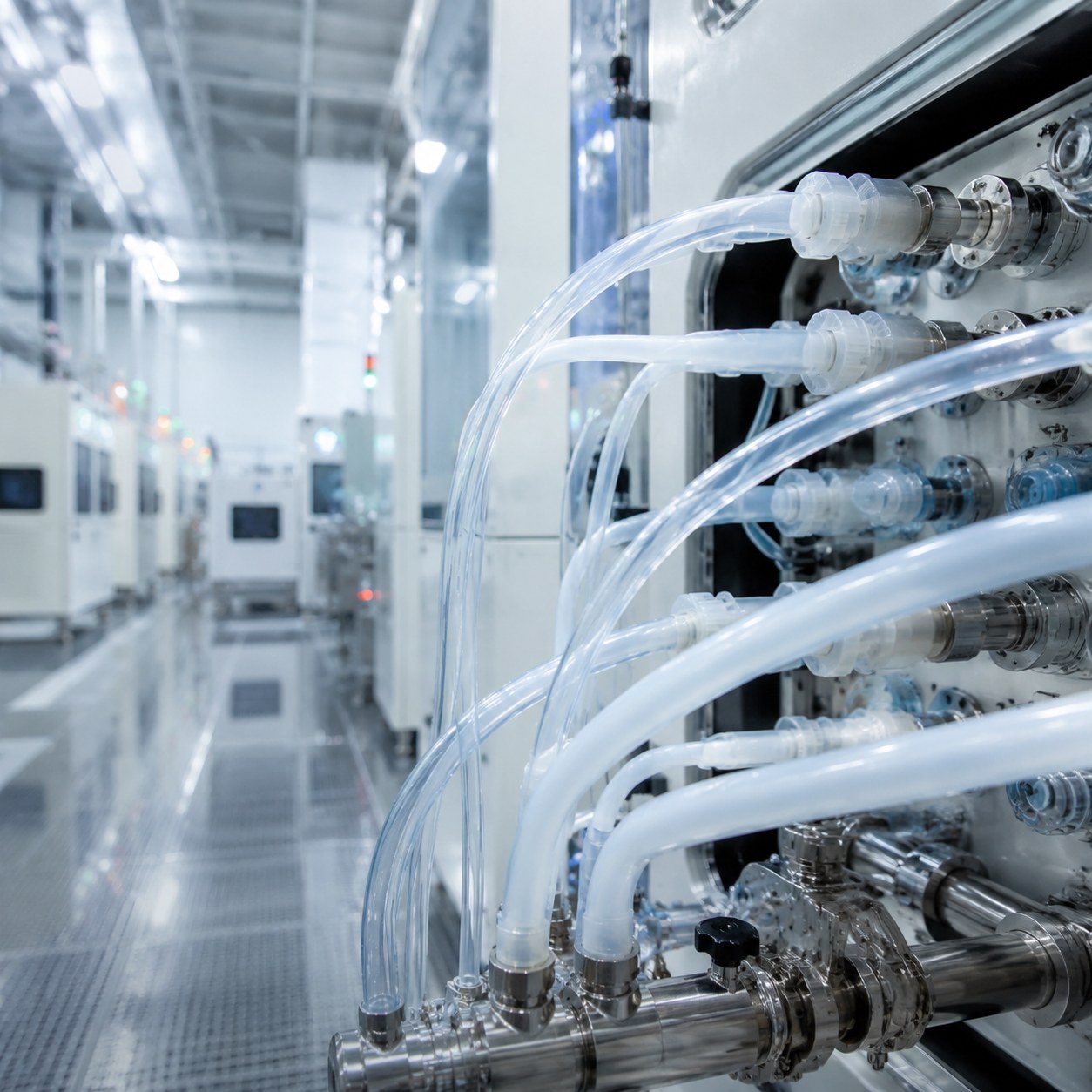 Photorealistic industrial website image for semiconductor tubing: chemical and temperature fit for acids solvents and DI water, no text, no logo, no watermark