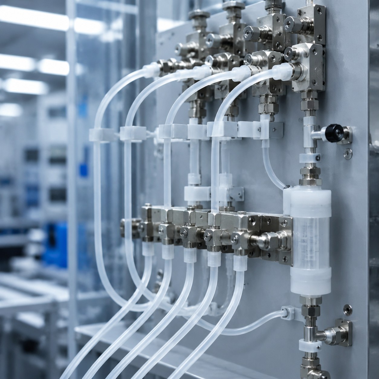 Photorealistic industrial website image for semiconductor tubing: dimensional stability for fittings panels and flow control, no text, no logo, no watermark