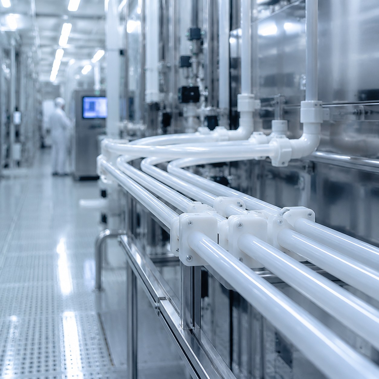 Photorealistic industrial website image for semiconductor tubing: high purity material for semiconductor chemical lines, no text, no logo, no watermark
