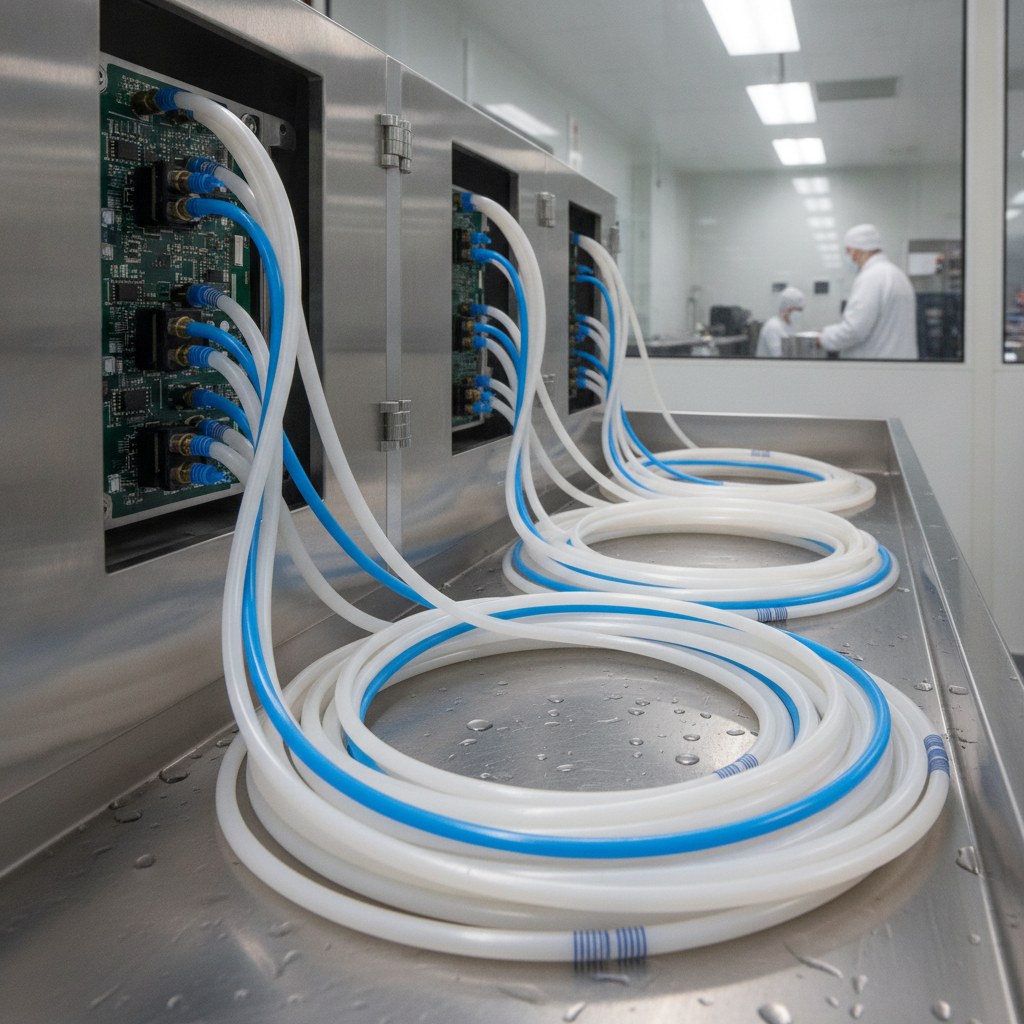 Photorealistic industrial website image for semiconductor tubing: custom cut semiconductor tubing lines for cabinet tool or wet bench routing, no text, no logo, no watermark