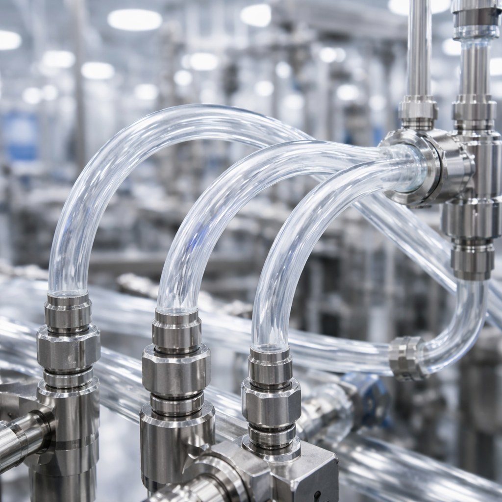 Photorealistic industrial website image for semiconductor tubing: FEP visual flow tubing in clean process line, no text, no logo, no watermark