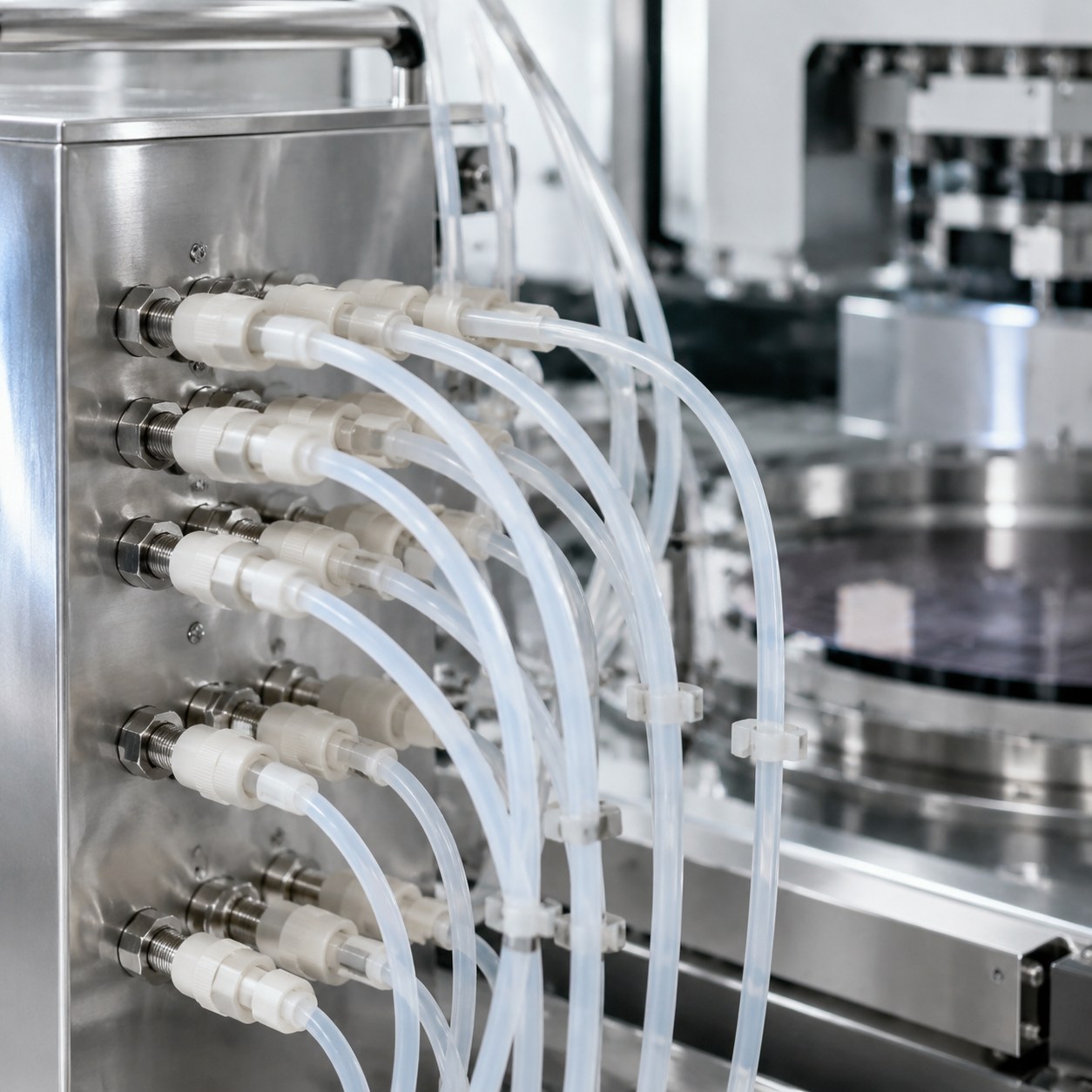 Photorealistic industrial website image for semiconductor tubing: PTFE sampling tubing and instrument connection, no text, no logo, no watermark