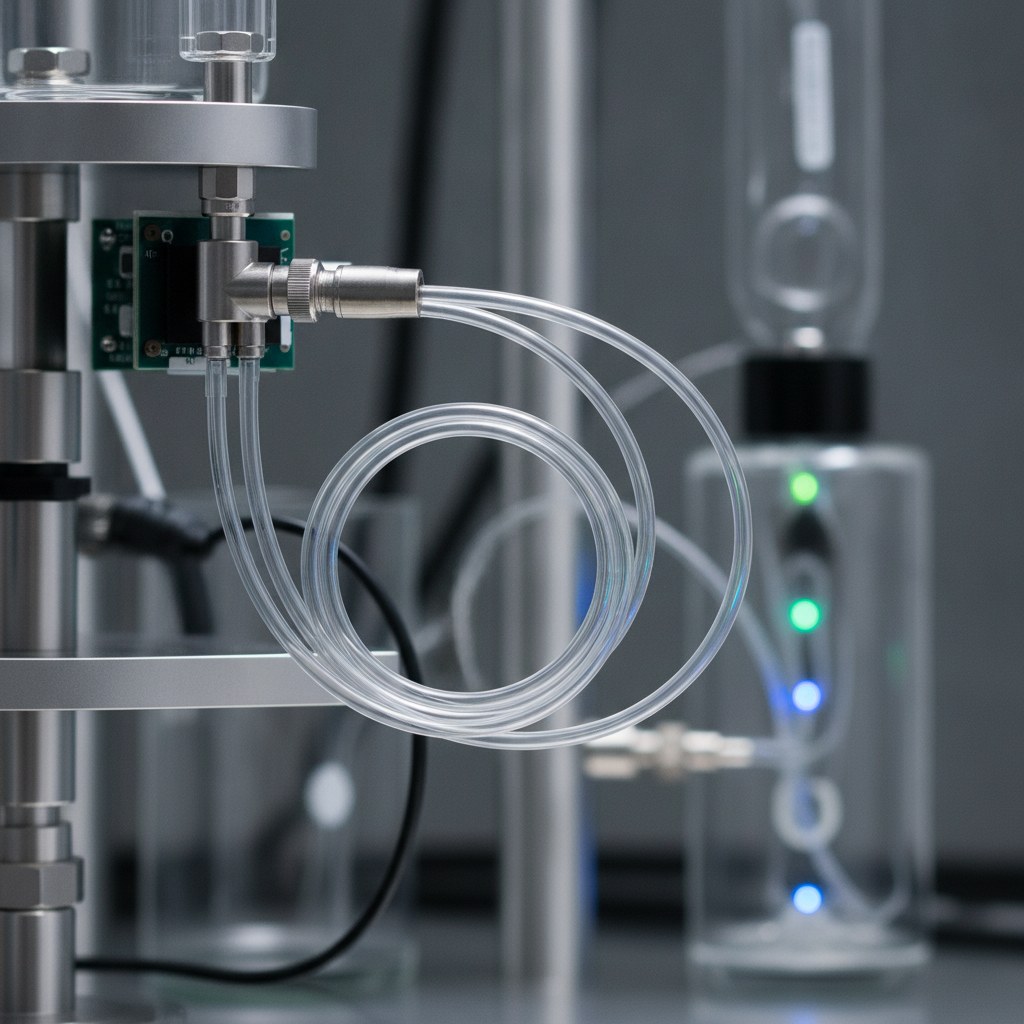 Photorealistic industrial website image for thin wall FEP tubing: clear thin FEP fluid transfer line in analytical instrument environment, no text, no logo, no watermark