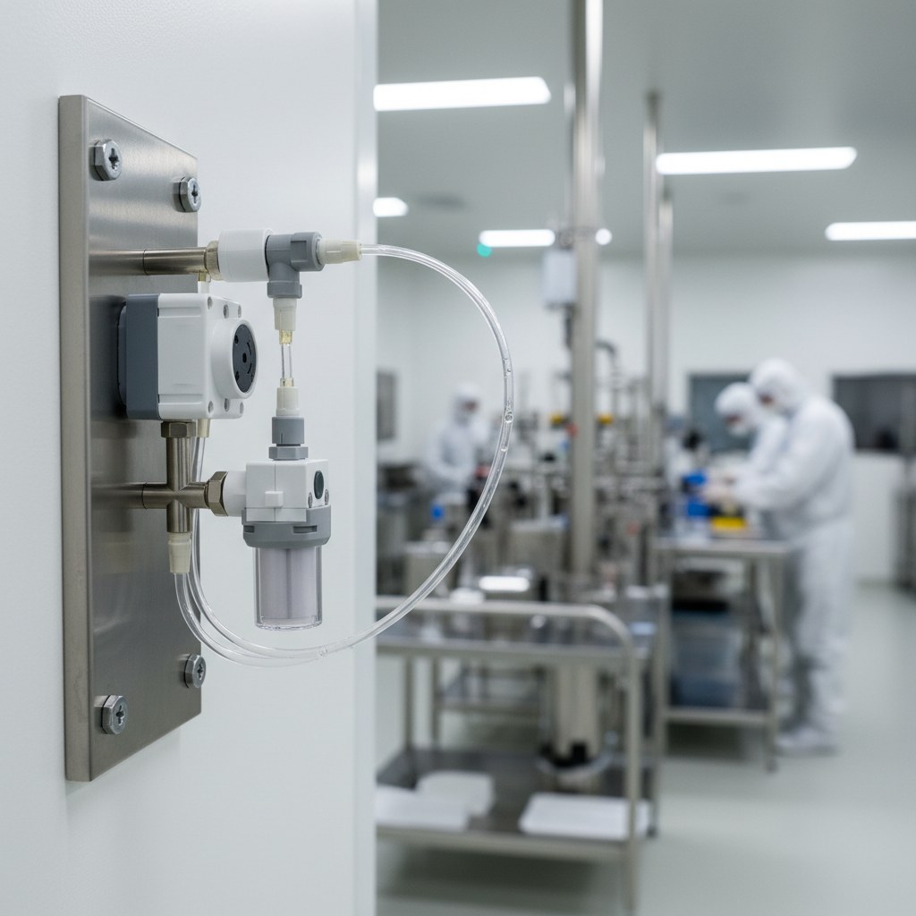 Photorealistic industrial website image for thin wall FEP tubing: clear chemical dispensing line with small flow components in clean industrial scene, no text, no logo, no watermark
