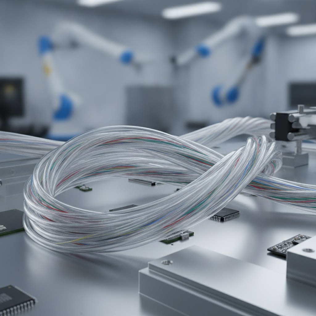 Photorealistic industrial website image for thin wall FEP tubing: FEP insulation sleeves used around fine electronics wiring, no text, no logo, no watermark